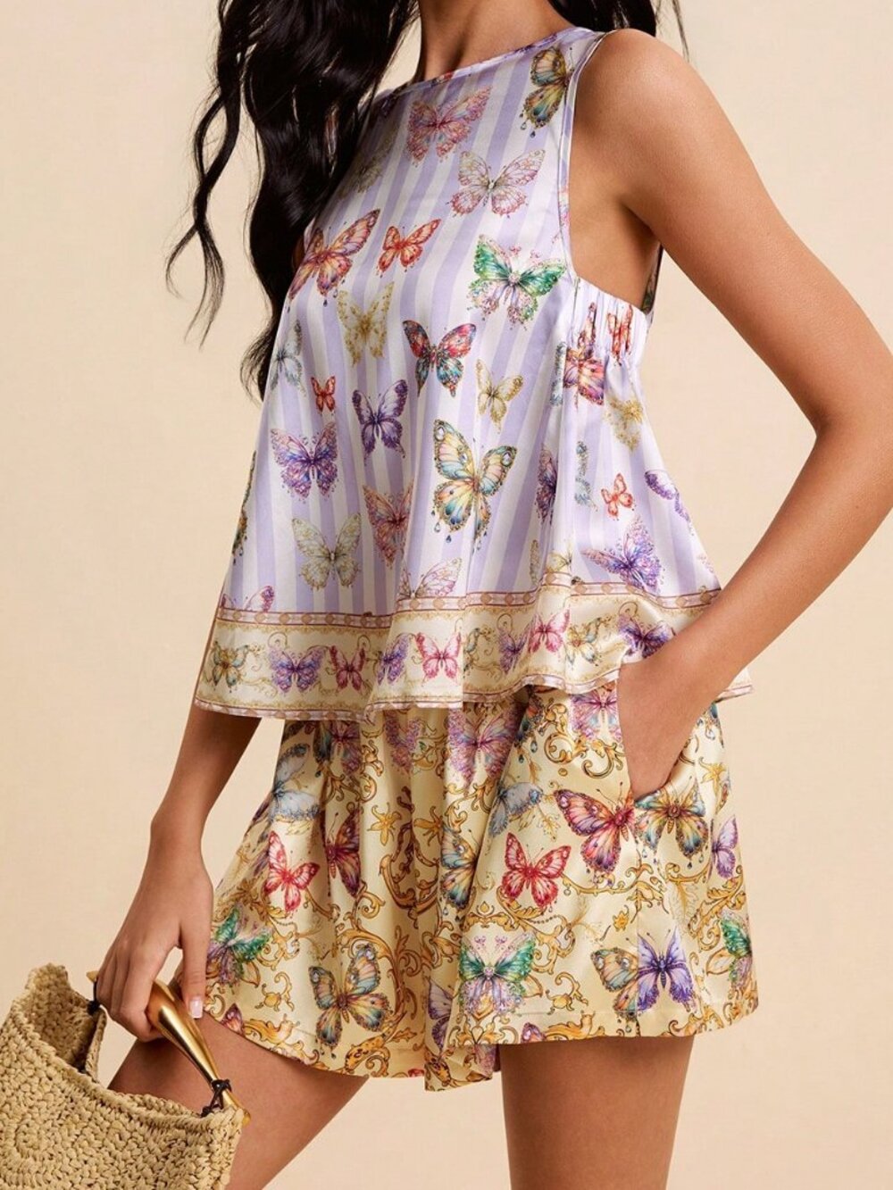 Multicolor Boho Women's Butterfly Print Round Neck Top And Shorts 2-Piece Set